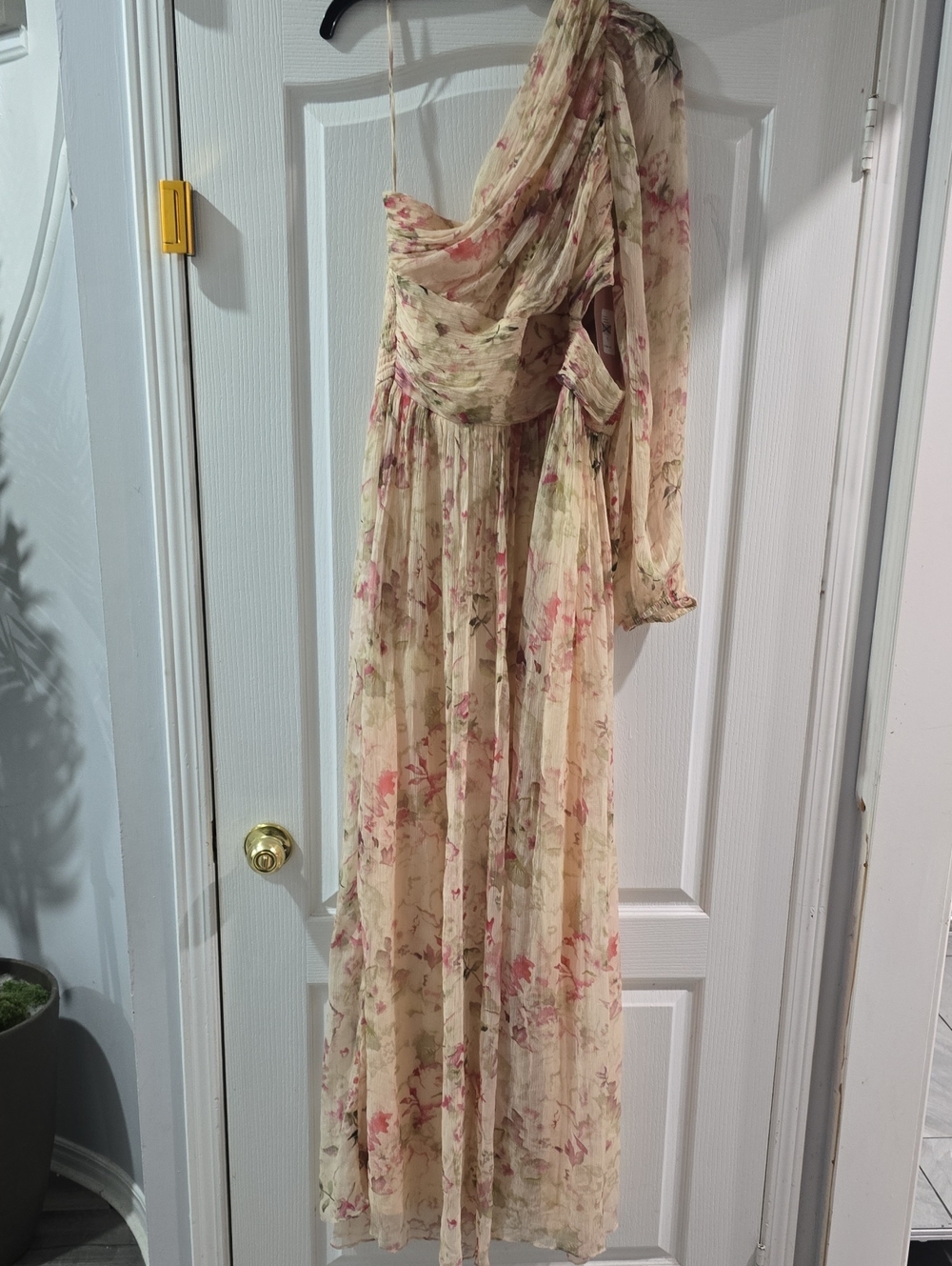 BHLDN One-Shoulder Cream Floral Chiffon Gown with Pink Blossoms